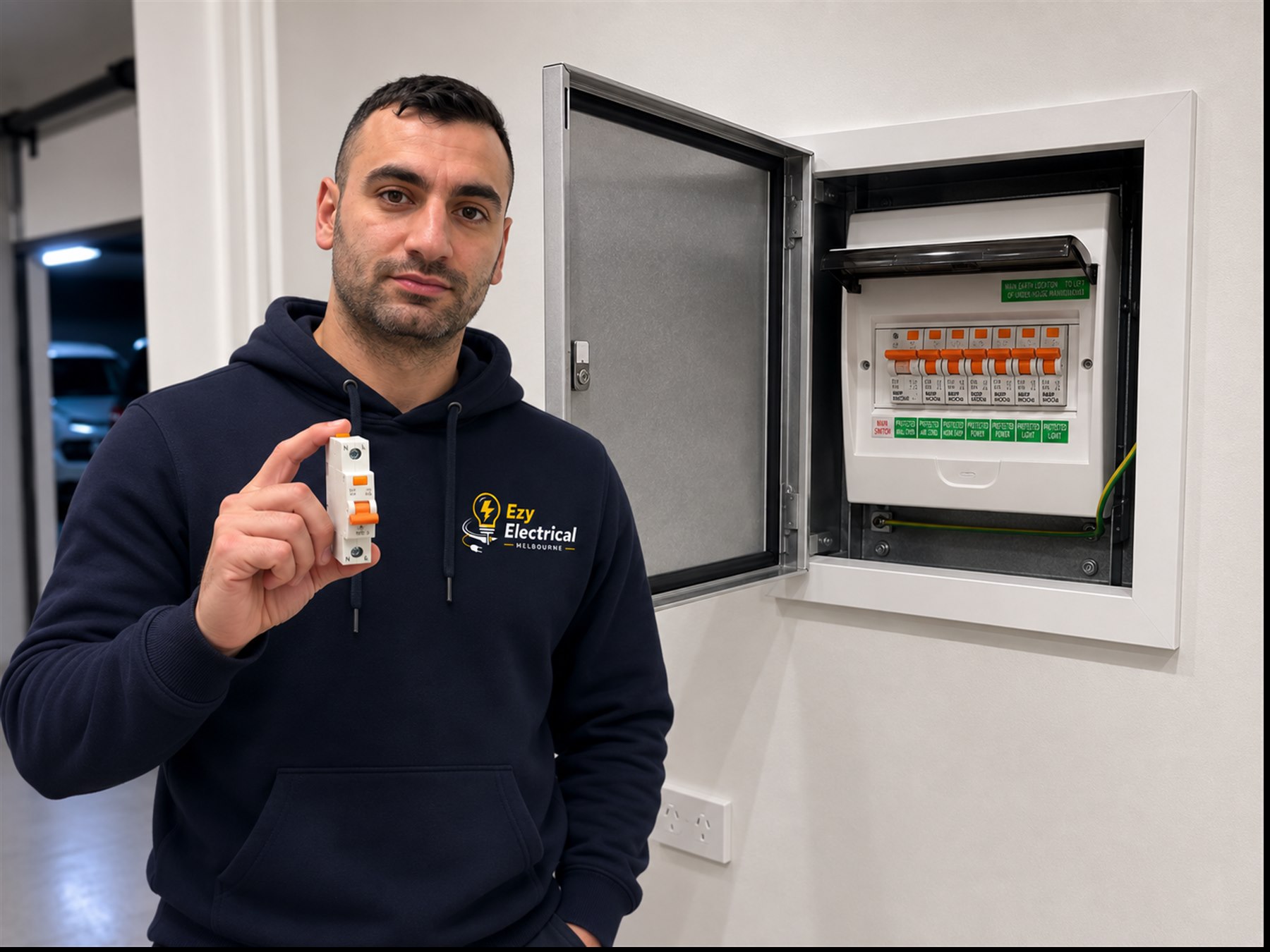 Ezy Electrical Melbourne electrician beside a residential switchboard